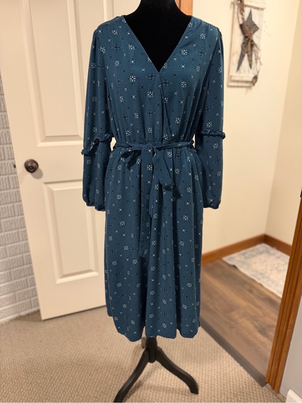 Knox Rose Women’s Large Blue Teal Boho Floral Midi Dress Long Sleeve
